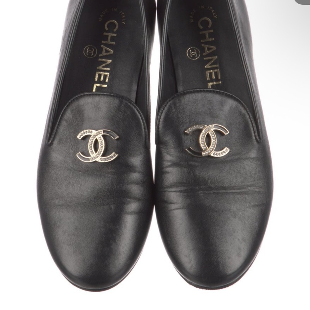 CHANEL Black Loafers with Gold Logo